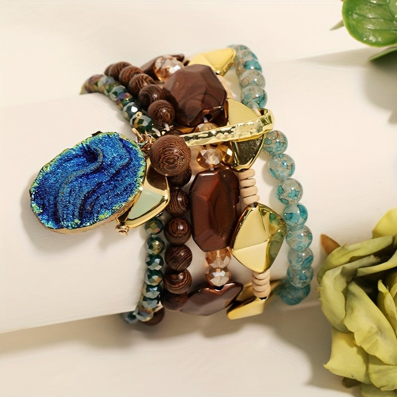 Boho Layered Wood Bead Bracelet Set