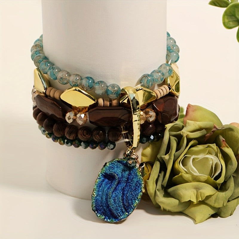 Boho Layered Wood Bead Bracelet Set