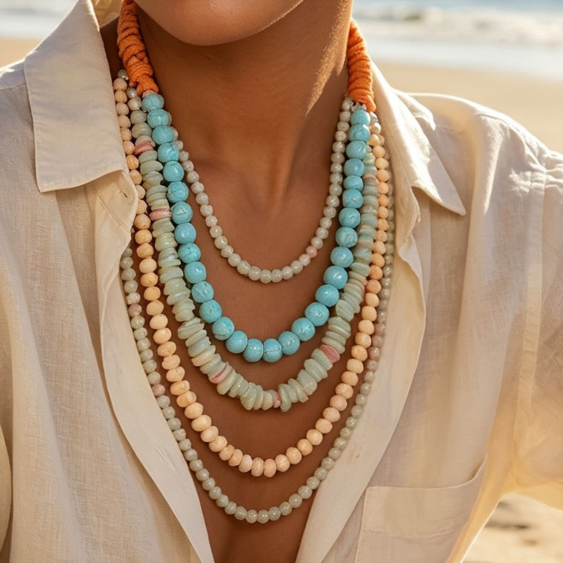 Boho Multi-Layer Turquoise Glass Bead Necklace