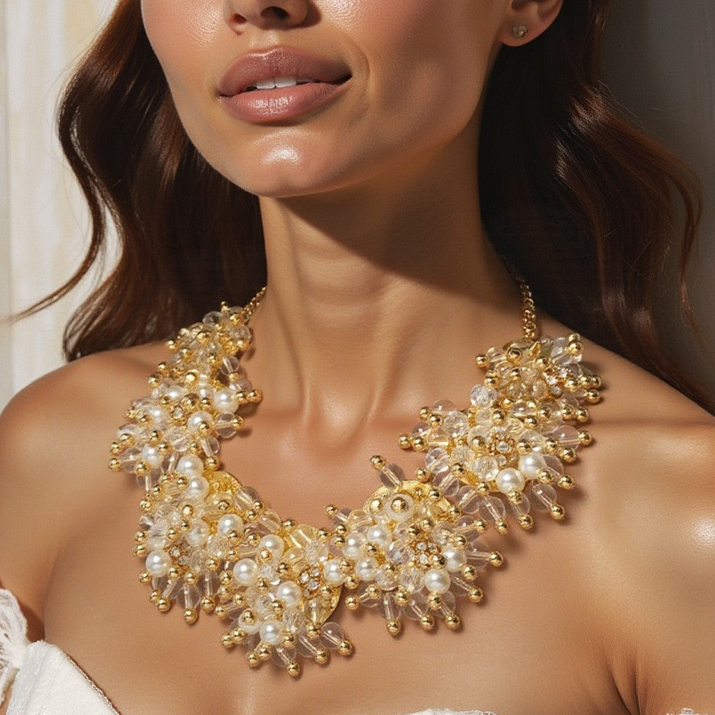 Romantic Pearl Cluster Statement Necklace