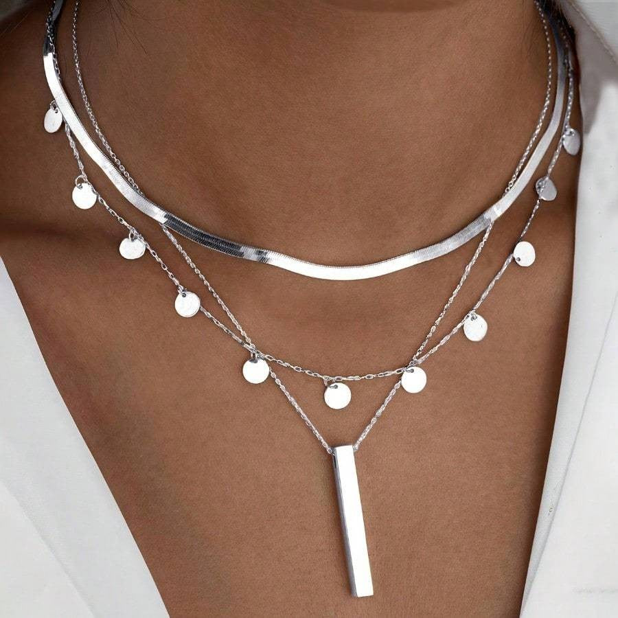 18k Layered Bar and Disc Necklace Set