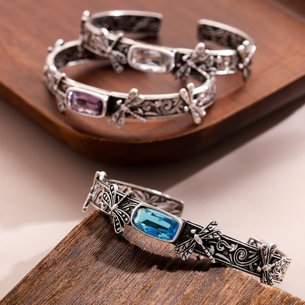 Boho Dragonfly Blue Zircon Open Cuff Bracelet