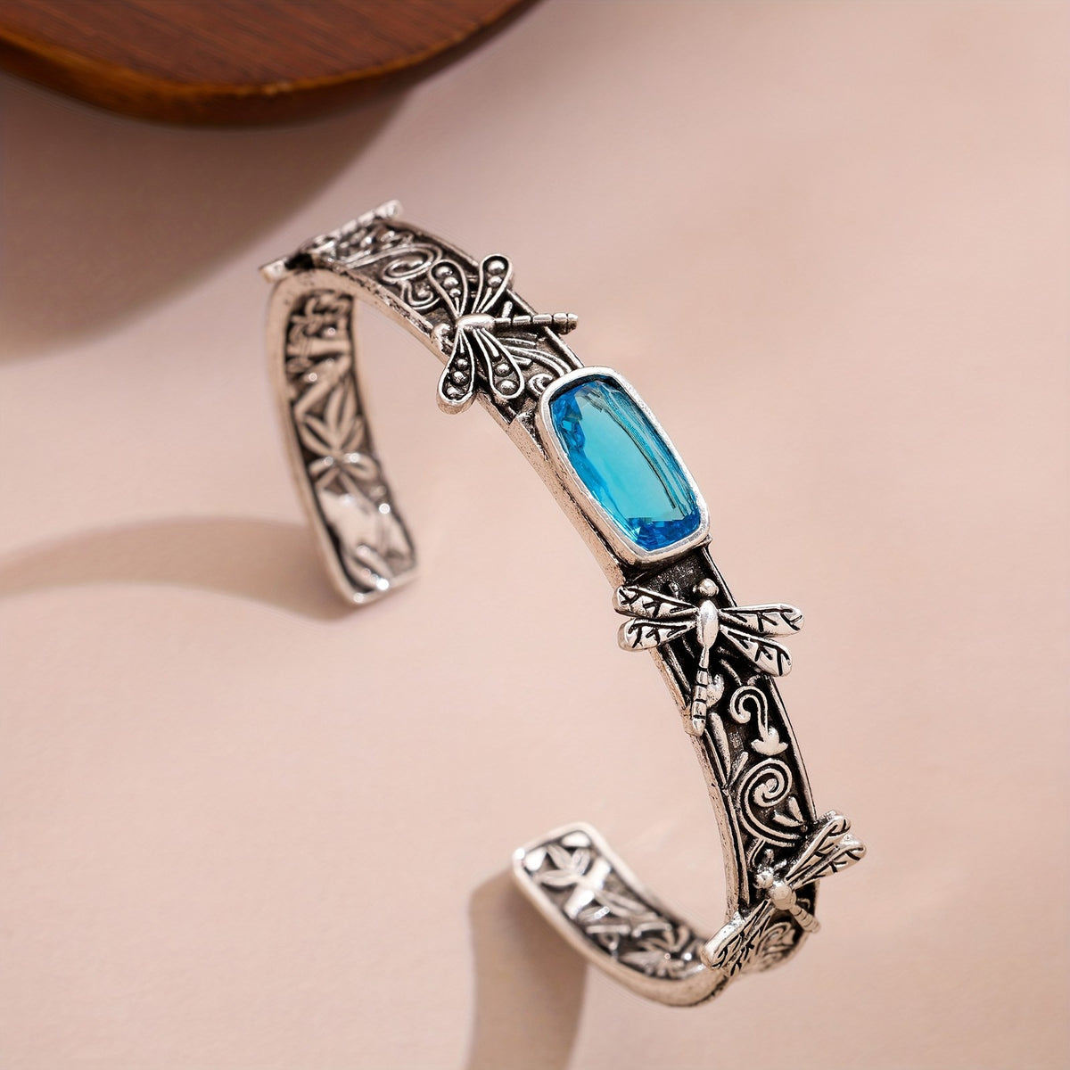 Boho Dragonfly Blue Zircon Open Cuff Bracelet