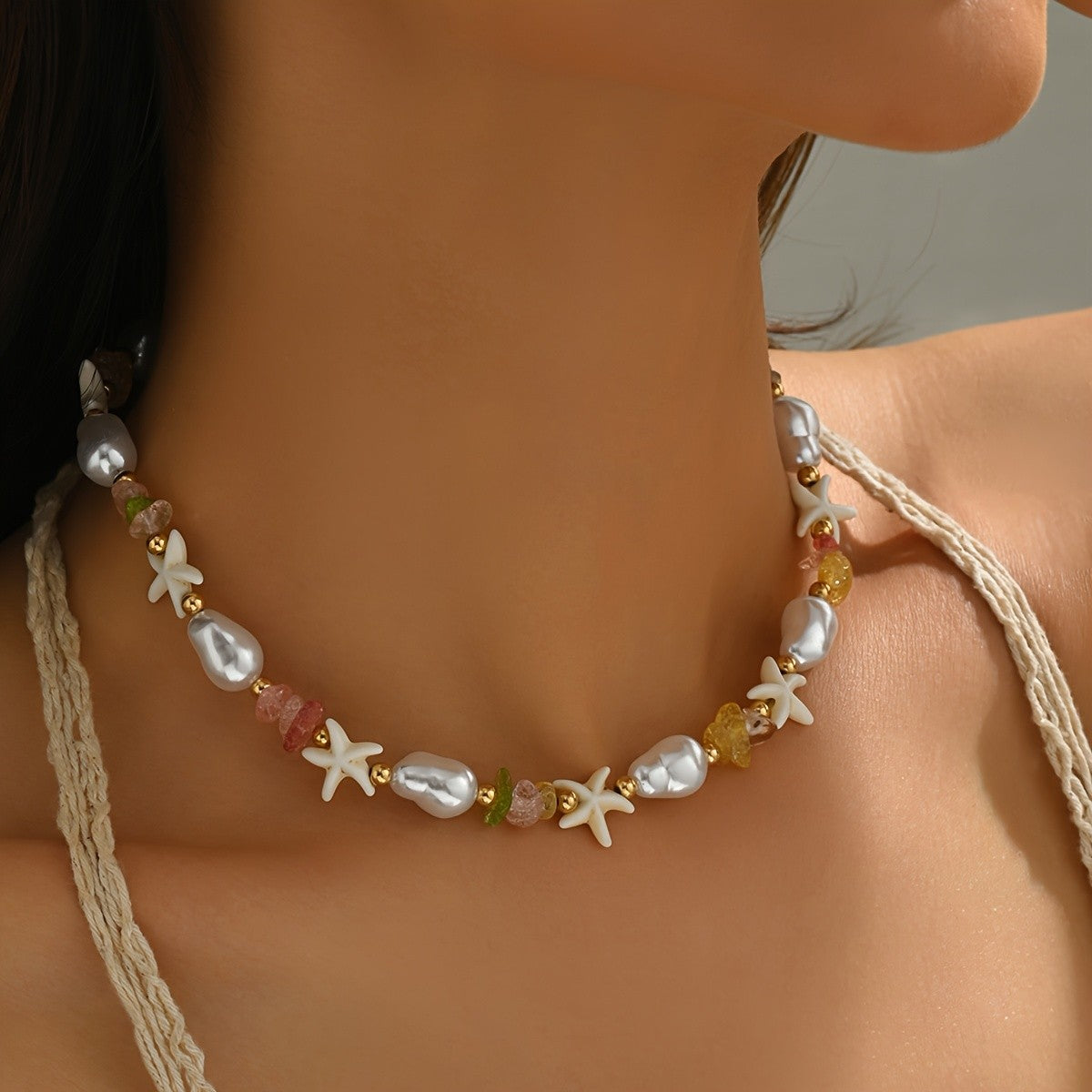 Boho Faux Pearl Starfish Necklace