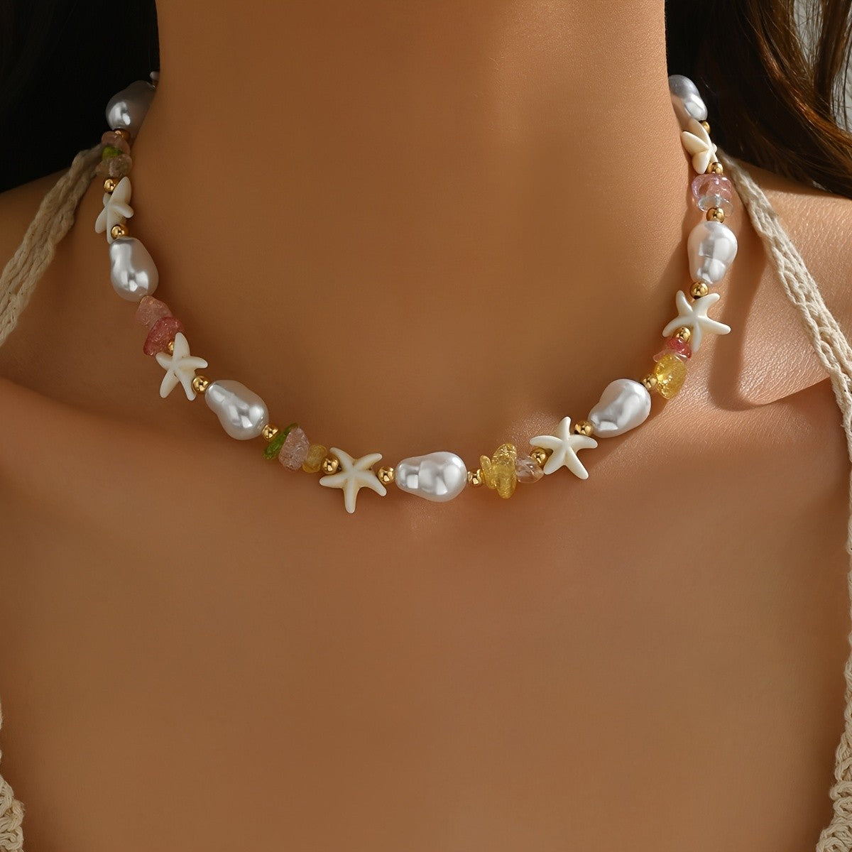 Boho Faux Pearl Starfish Necklace