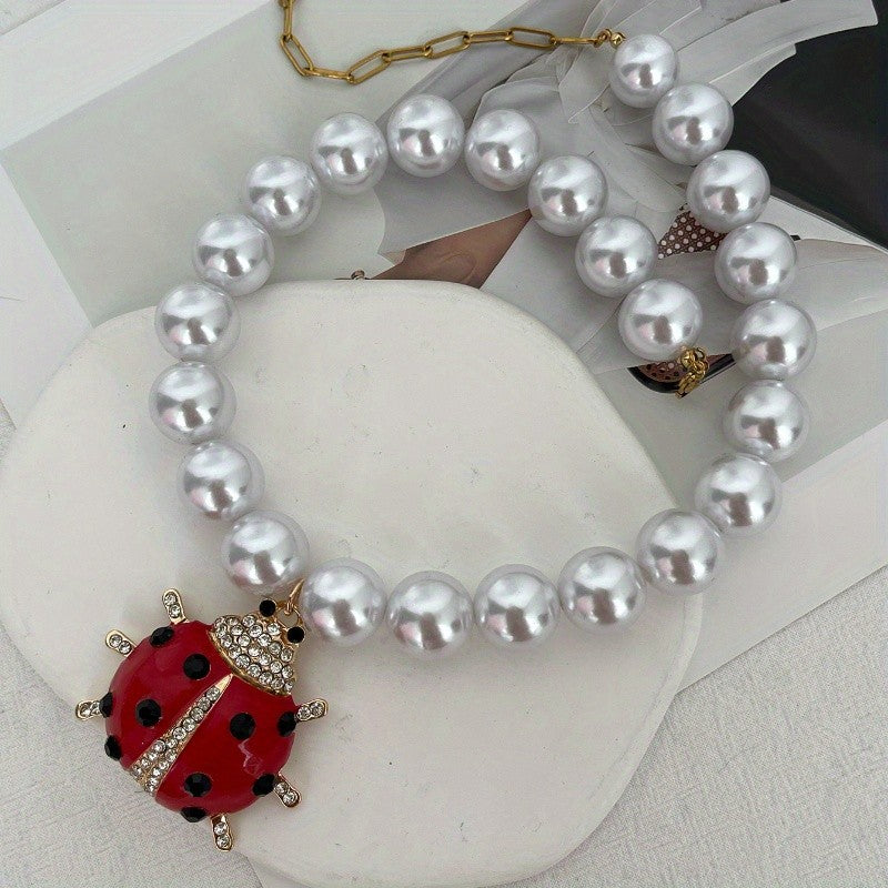 18k Elegant Ladybug Faux Pearl Necklace