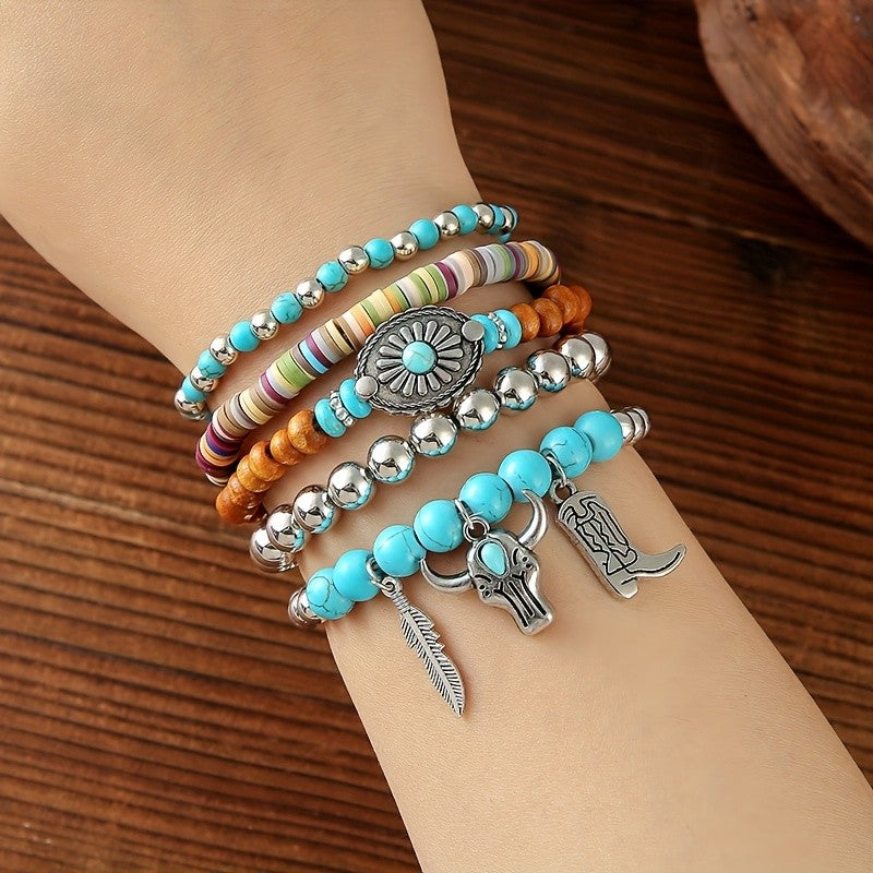 5pc Boho Western Turquoise Bracelet Stack