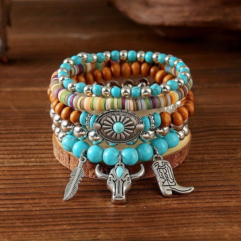 5pc Boho Western Turquoise Bracelet Stack