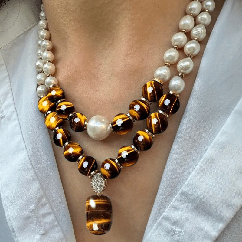 Vintage Tiger Eye & Faux Pearl Layered Necklace