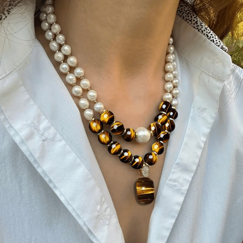 Vintage Tiger Eye & Faux Pearl Layered Necklace