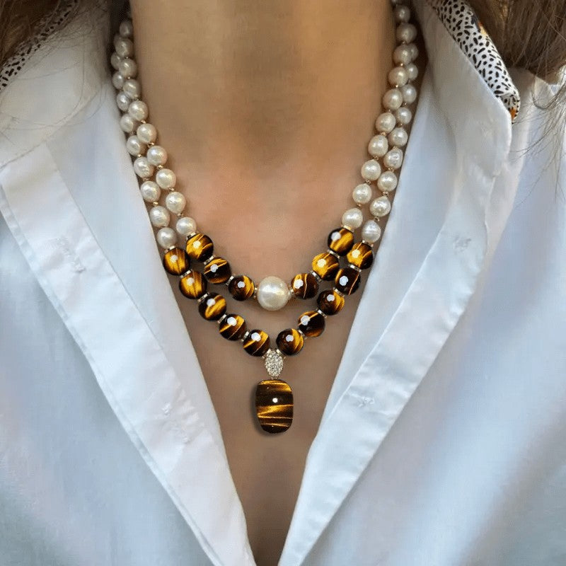 Vintage Tiger Eye & Faux Pearl Layered Necklace