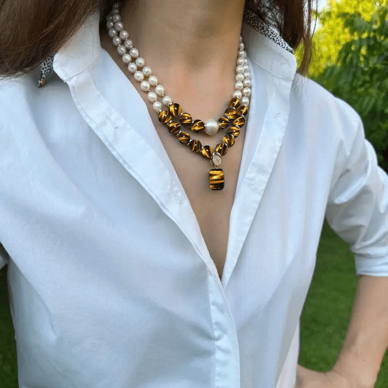 Vintage Tiger Eye & Faux Pearl Layered Necklace