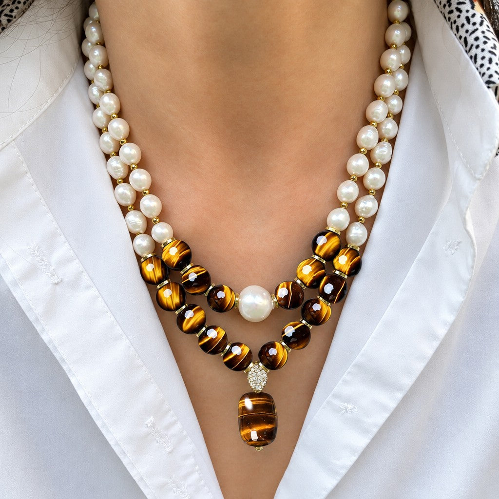 Vintage Tiger Eye & Faux Pearl Layered Necklace
