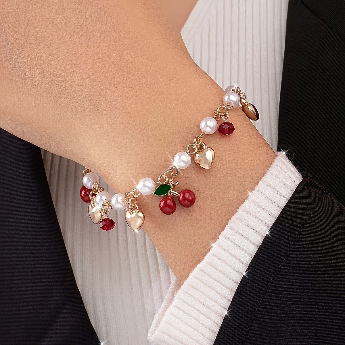 Romantic Pearl and Cherry Charm Bracelet