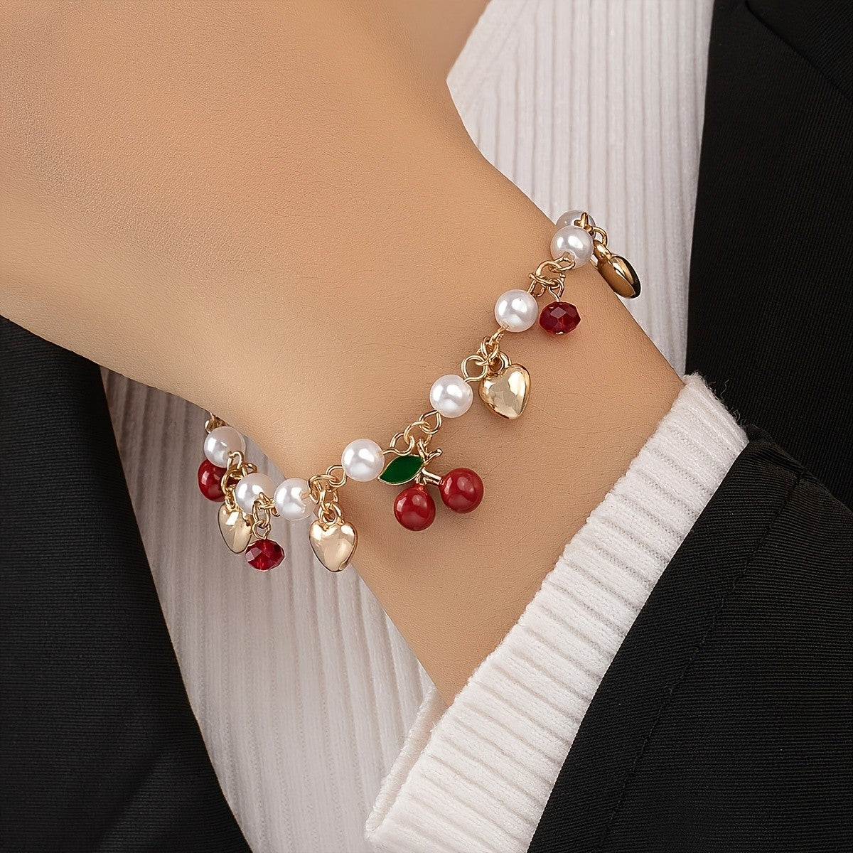 Romantic Pearl and Cherry Charm Bracelet