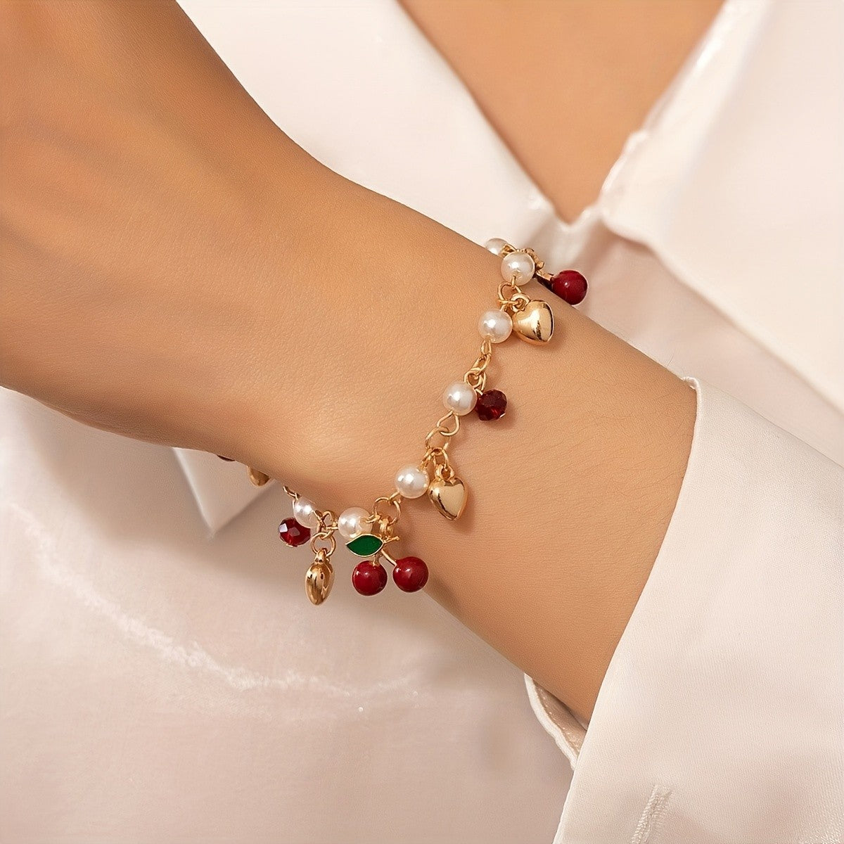 Romantic Pearl and Cherry Charm Bracelet