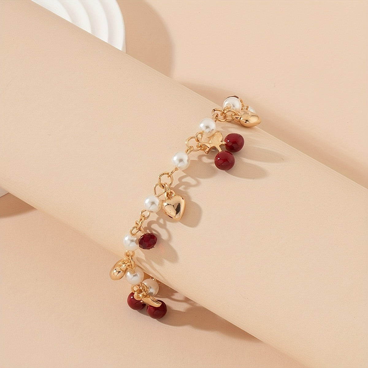 Romantic Pearl and Cherry Charm Bracelet