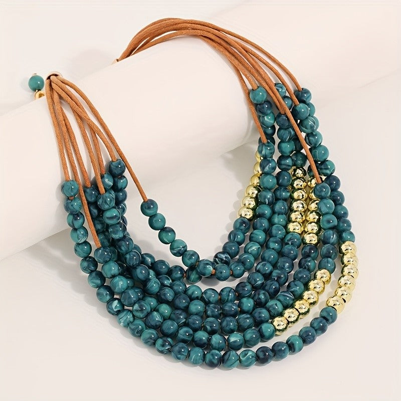 Boho Multi-Strand Marbled Blue Glass Necklace