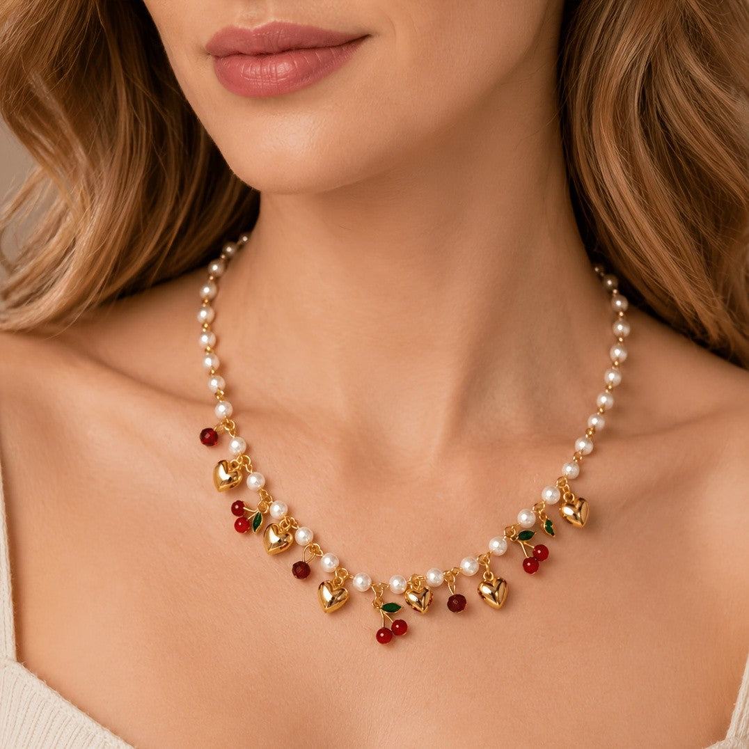 Romantic Pearl Cherry Heart Necklace