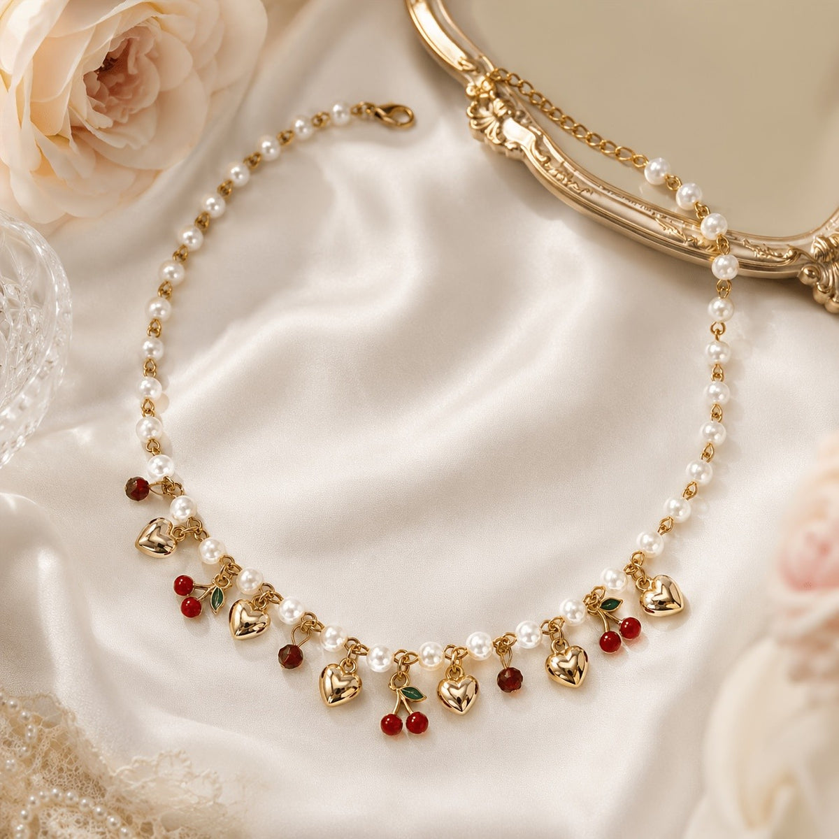 Romantic Pearl Cherry Heart Necklace