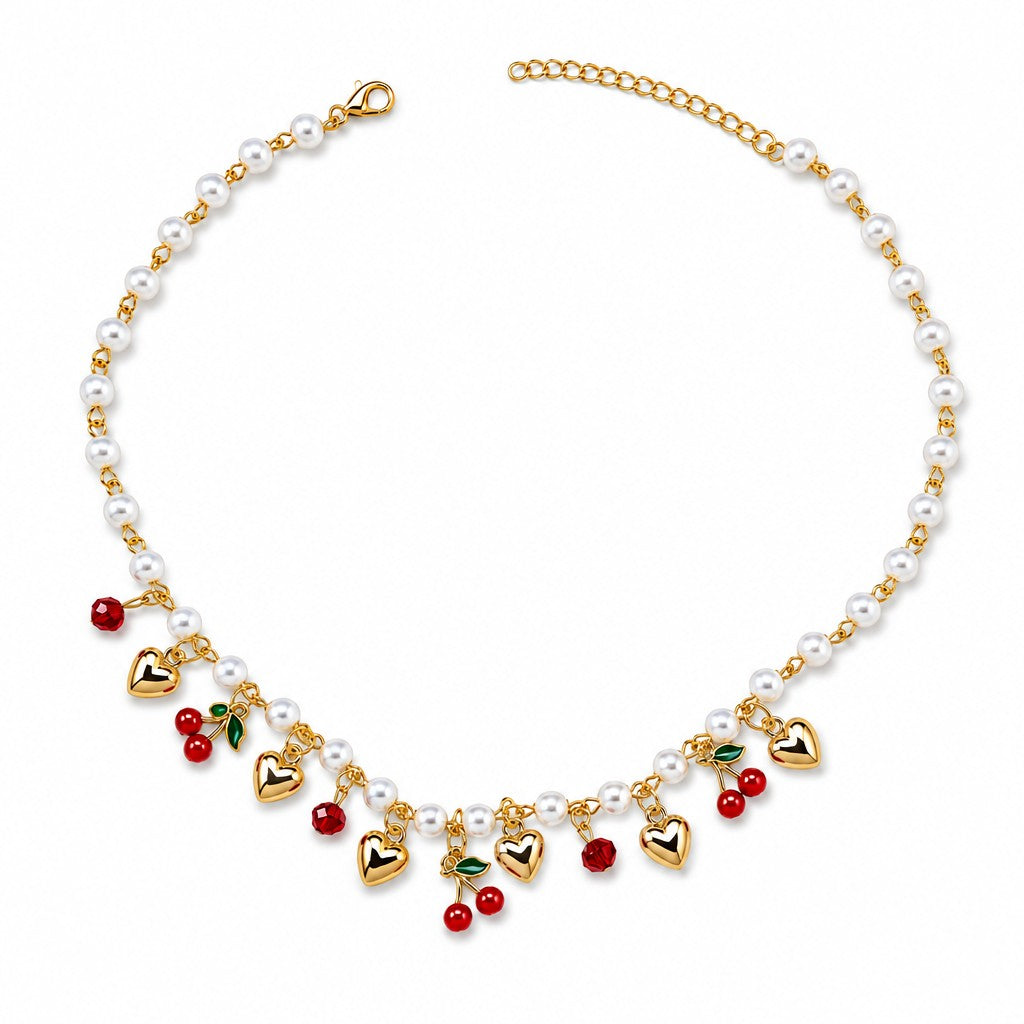 Romantic Pearl Cherry Heart Necklace