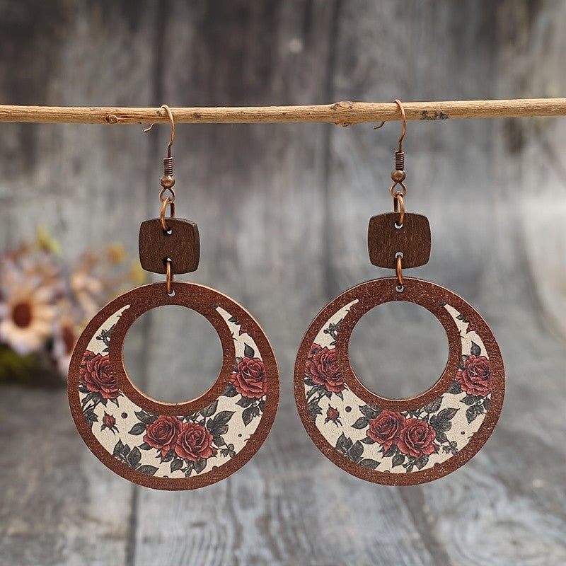 Vintage Rose Wooden Hoop Earrings
