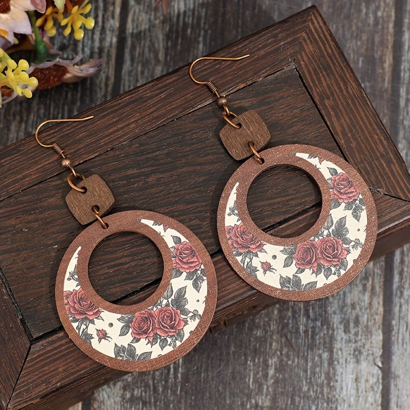 Vintage Rose Wooden Hoop Earrings