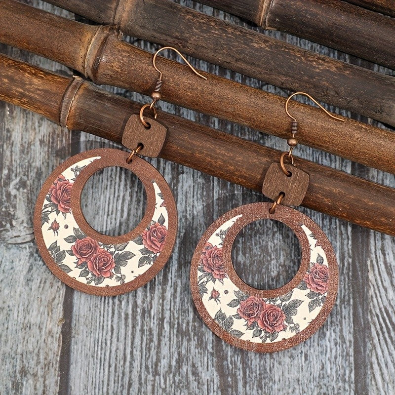 Vintage Rose Wooden Hoop Earrings