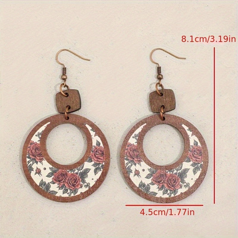 Vintage Rose Wooden Hoop Earrings