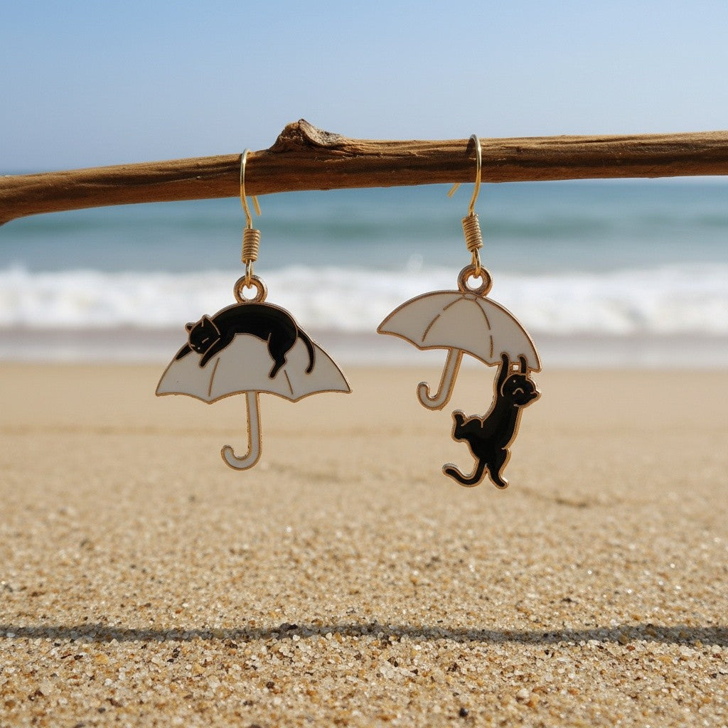 Cute Black Cat Umbrella Earrings