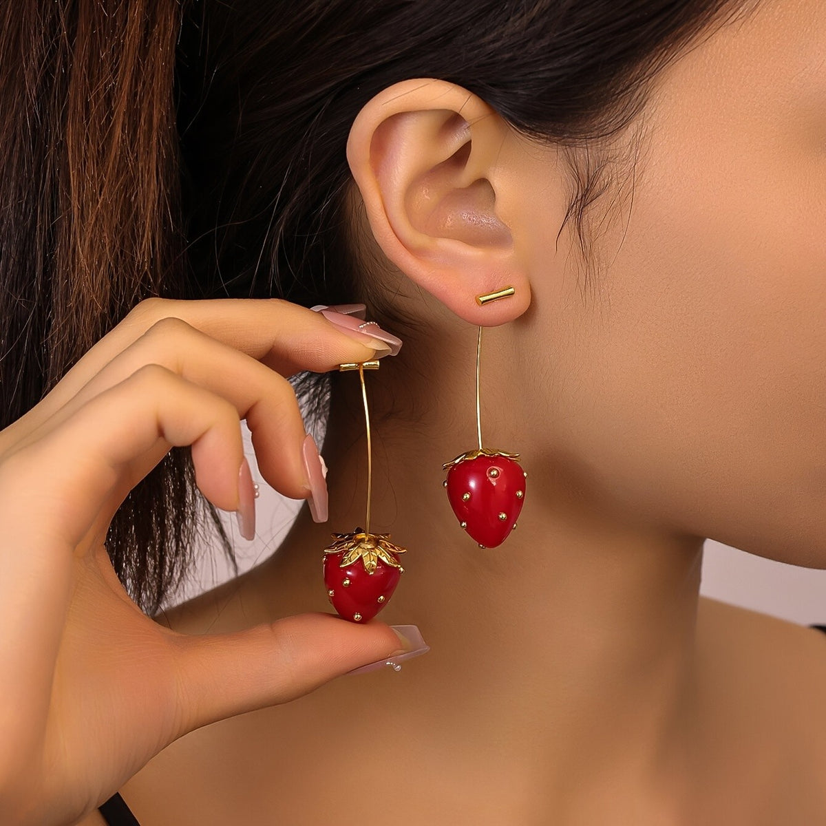 18k Playful Red Strawberry Drop Earrings