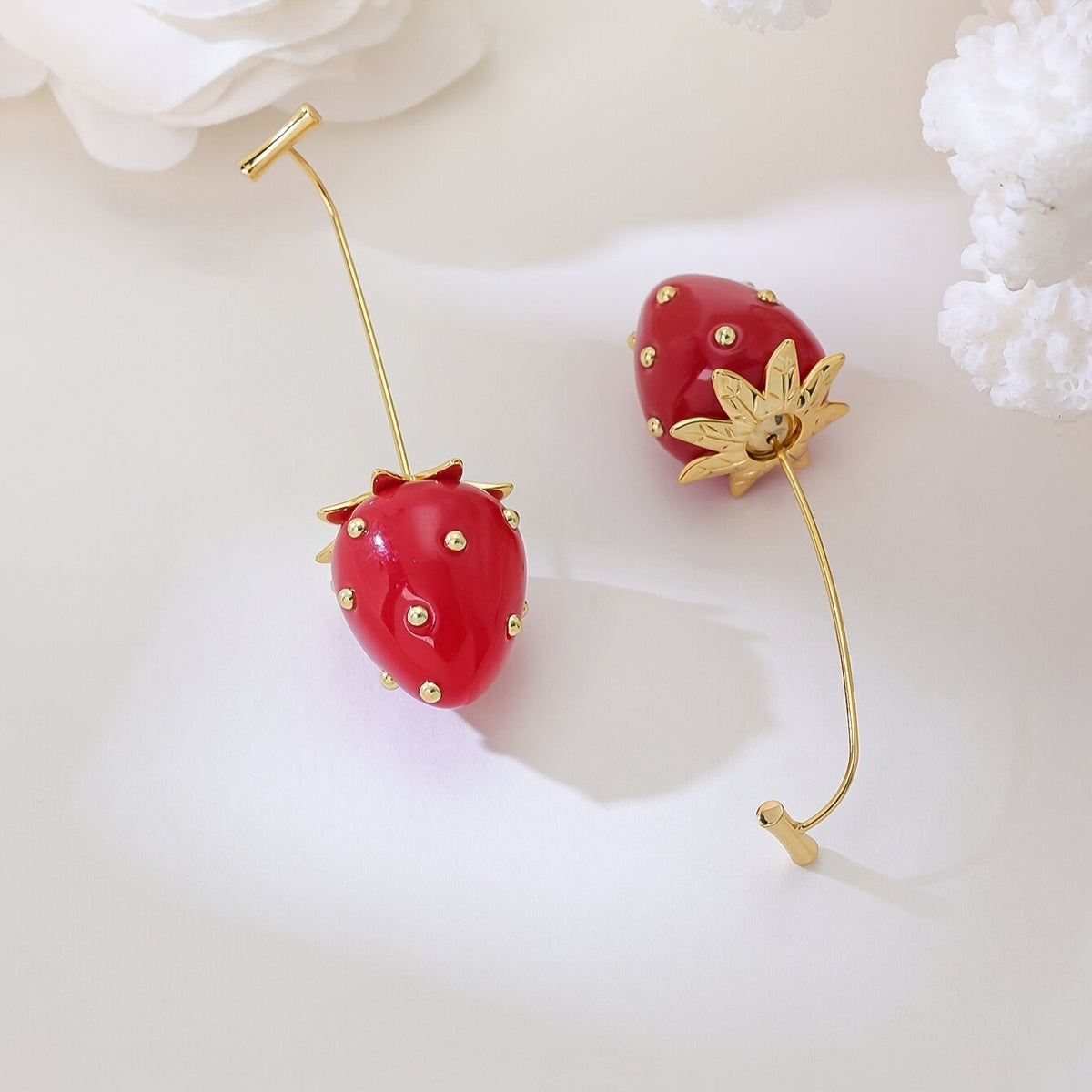 18k Playful Red Strawberry Drop Earrings
