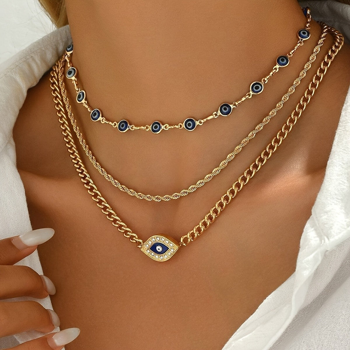 3pc Layered Evil Eye Necklace Set