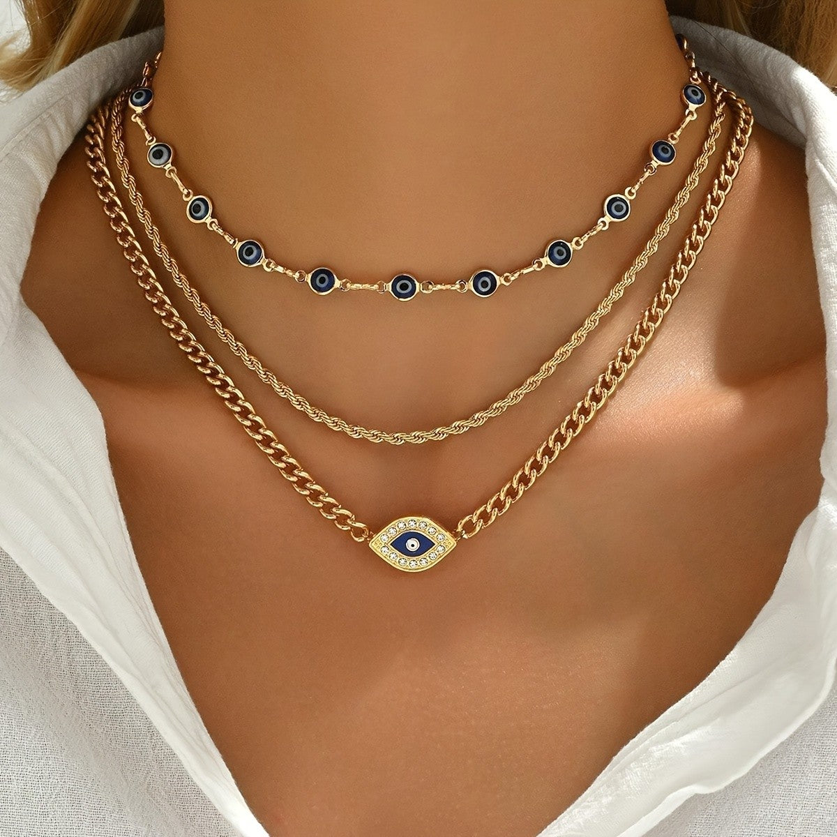 3pc Layered Evil Eye Necklace Set
