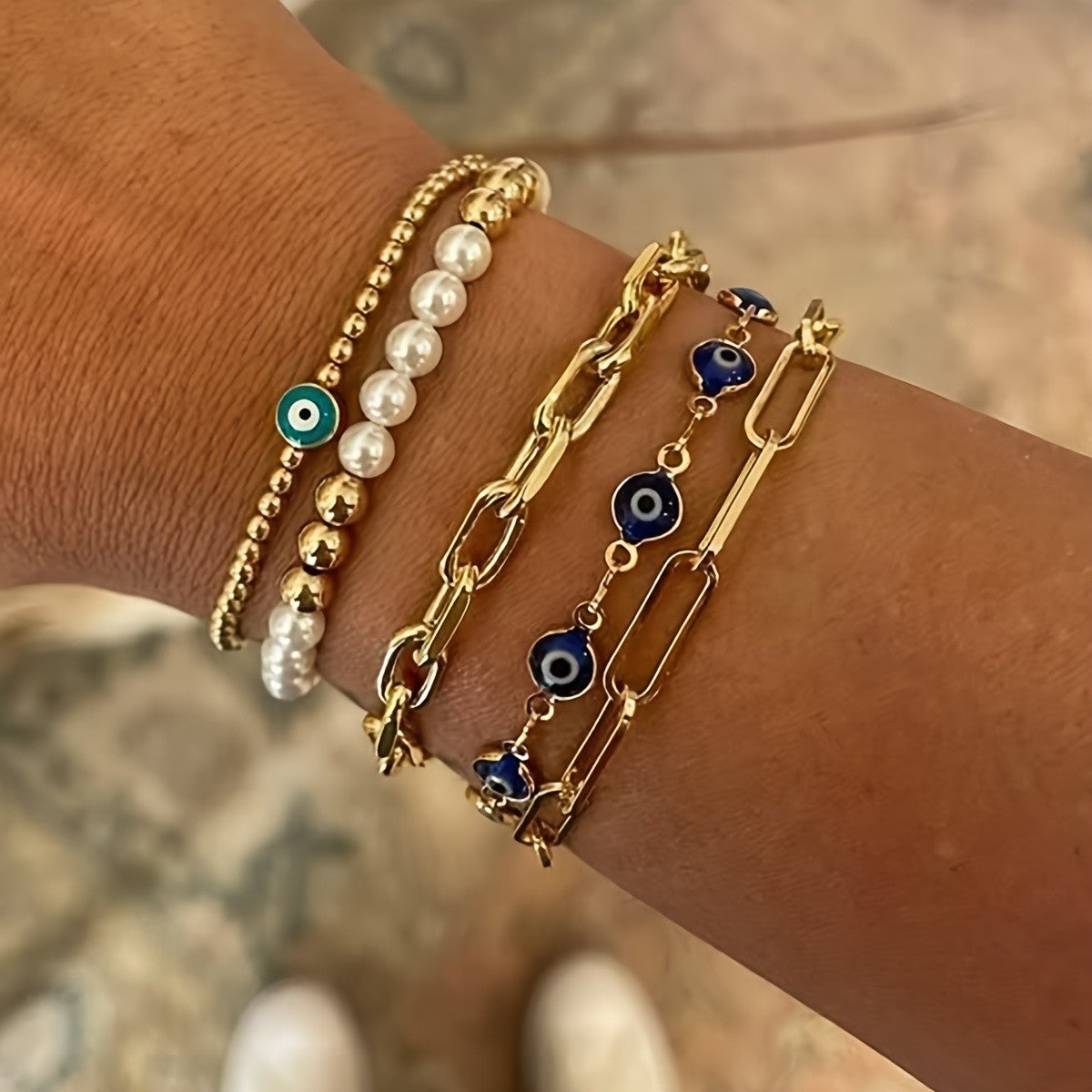 5pc Boho Evil Eye & Pearl Bracelet Set