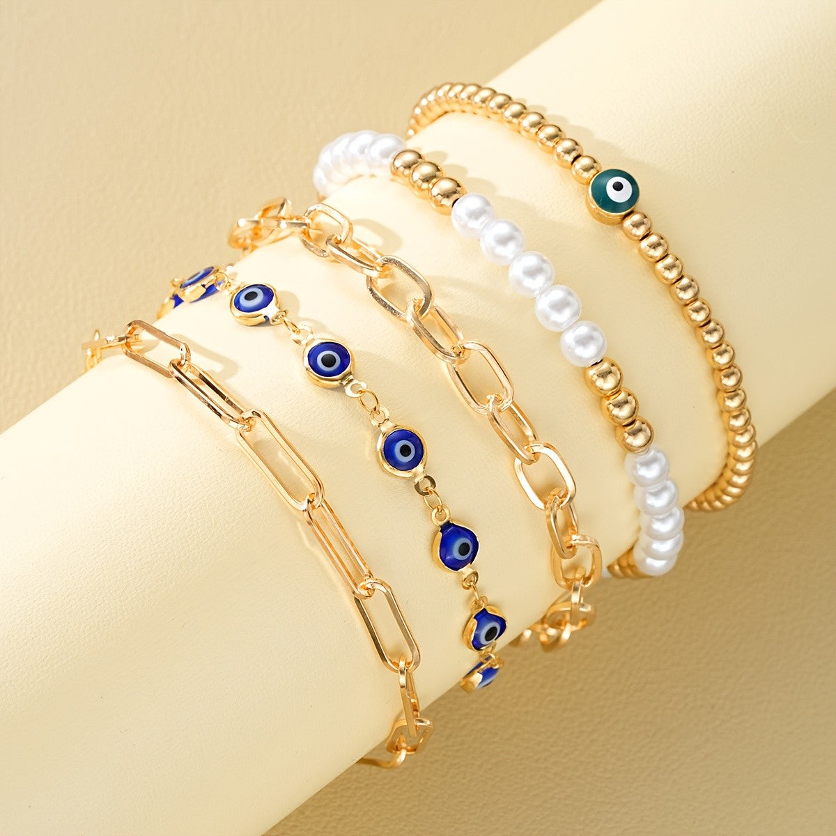 5pc Boho Evil Eye & Pearl Bracelet Set