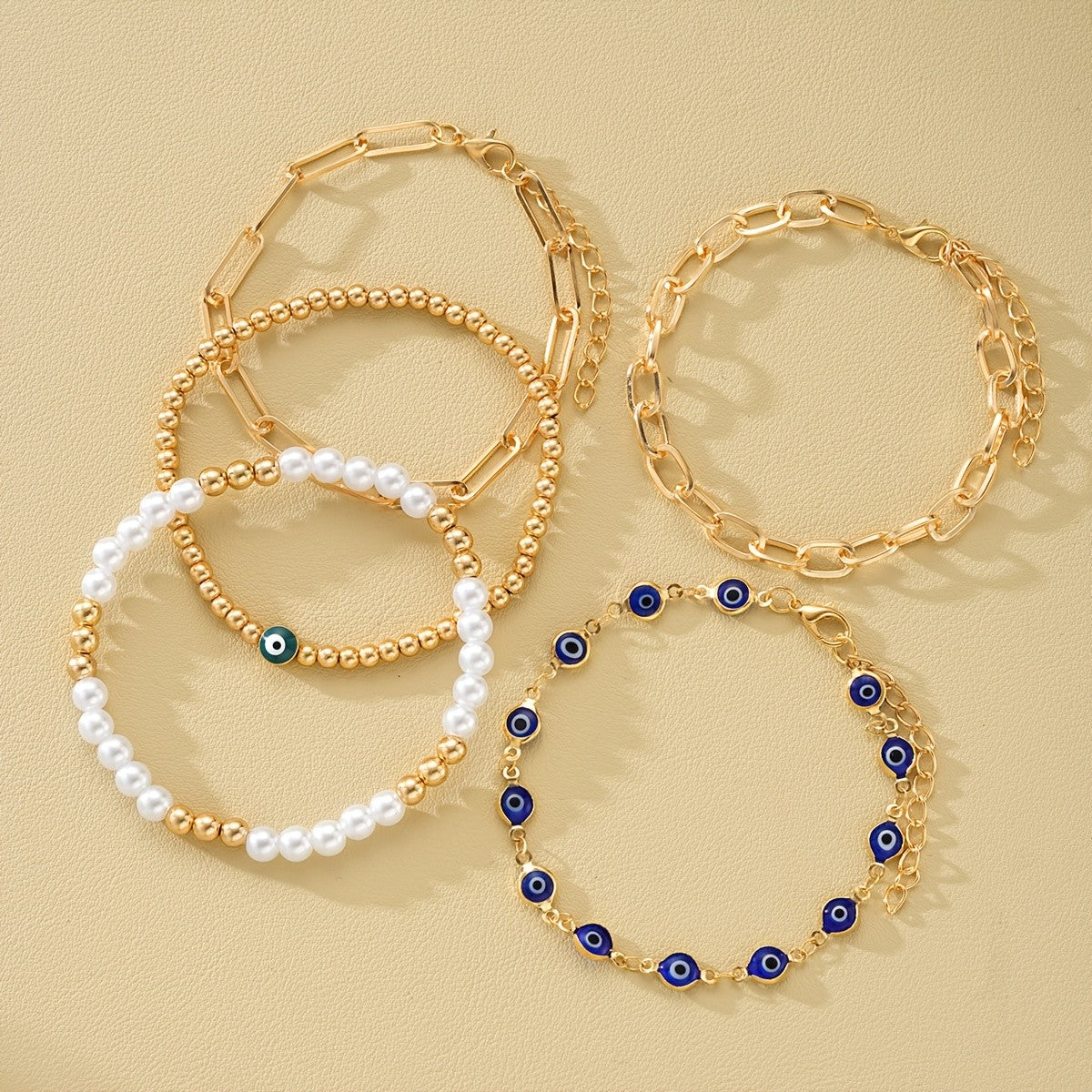 5pc Boho Evil Eye & Pearl Bracelet Set