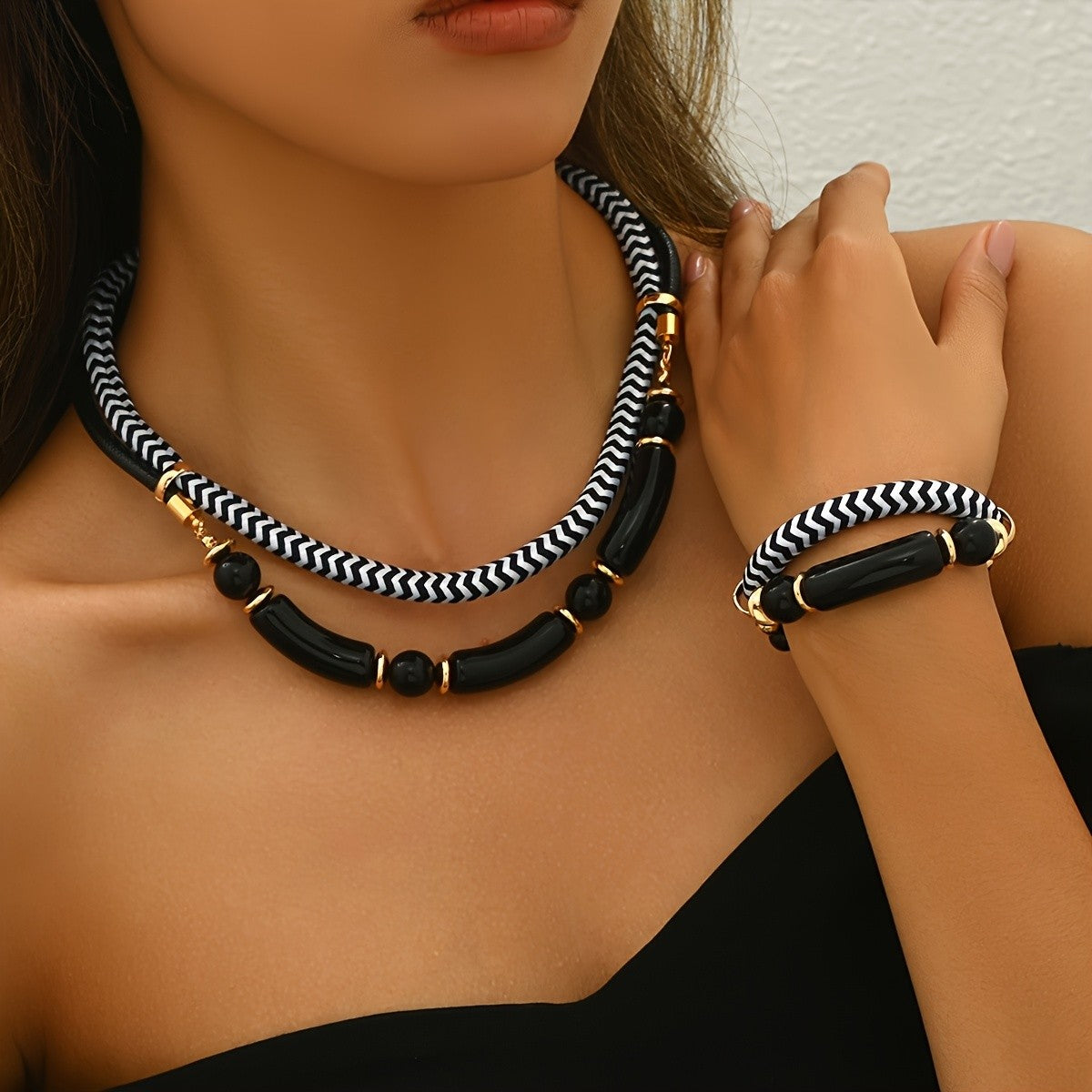 2pc Boho Chevron Resin Necklace & Bracelet Set