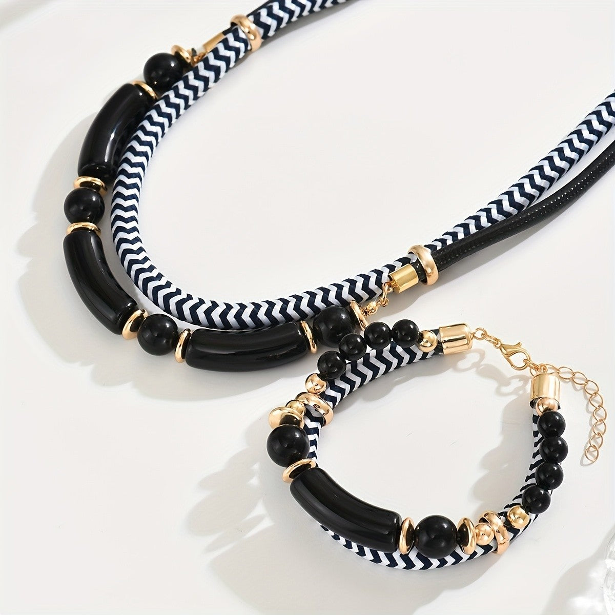 2pc Boho Chevron Resin Necklace & Bracelet Set