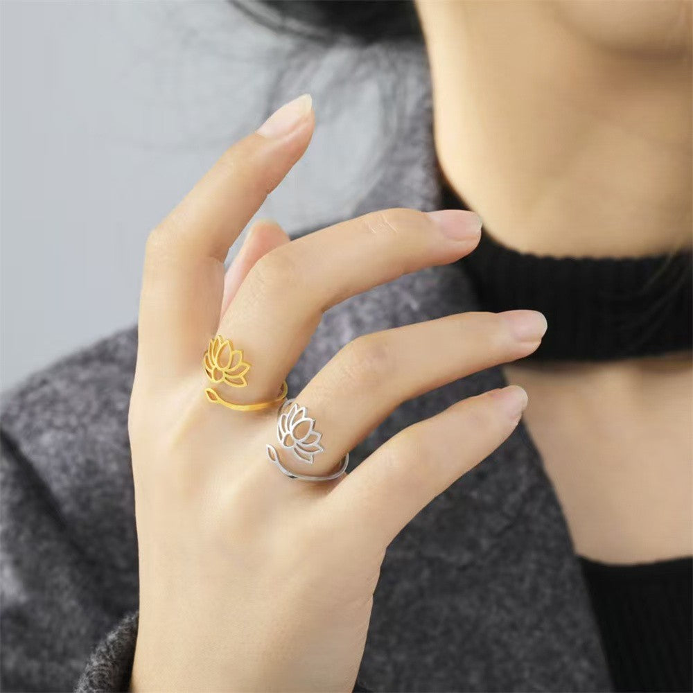14k Dainty Lotus Flower Adjustable Ring