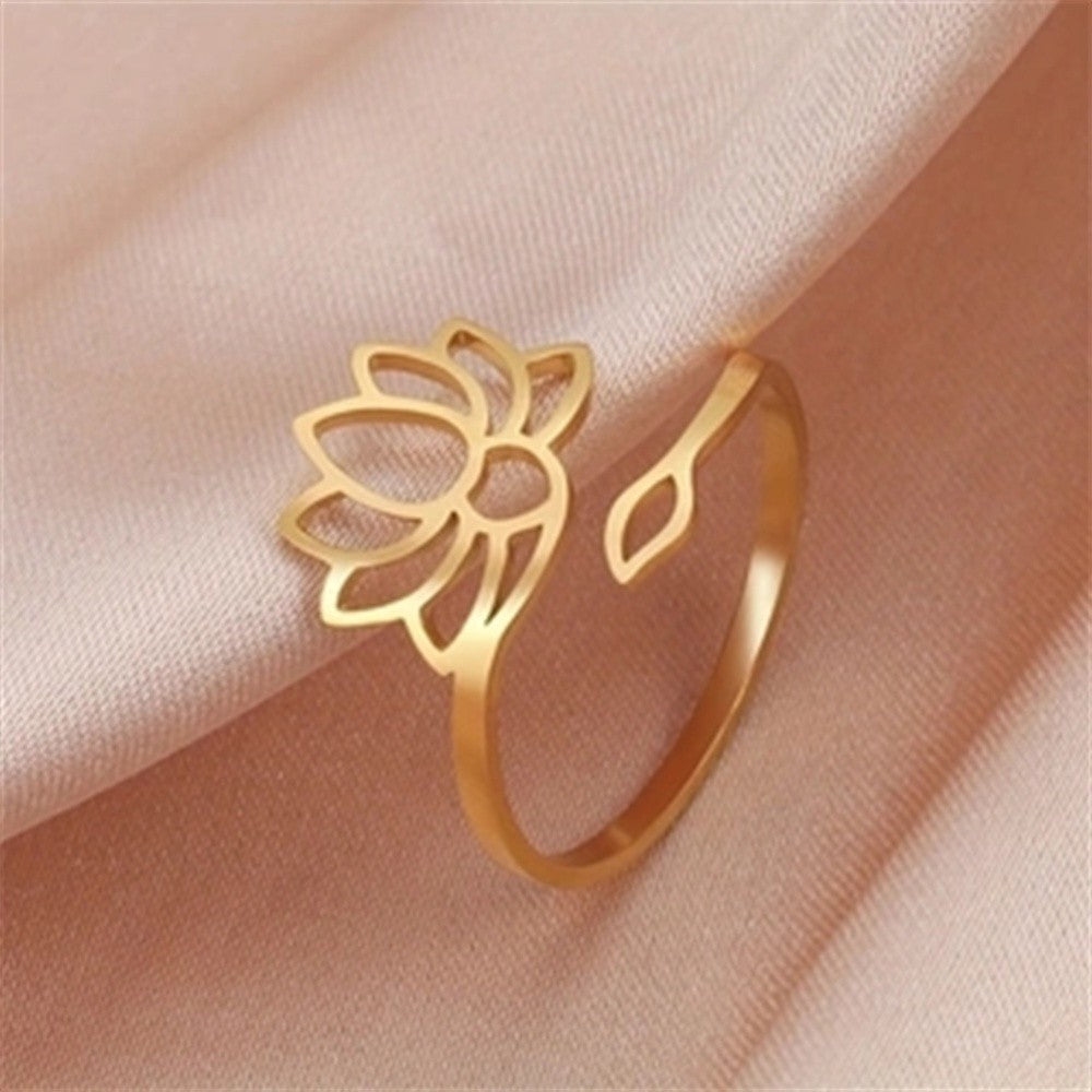 14k Dainty Lotus Flower Adjustable Ring