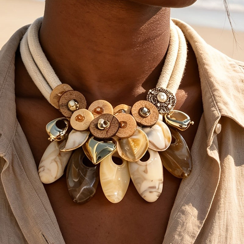 Boho Vintage Resin Disc Statement Necklace