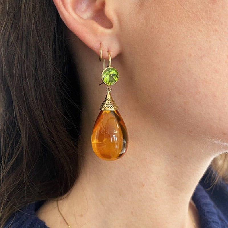 18k Vintage Green Zircon Amber Drop Earrings