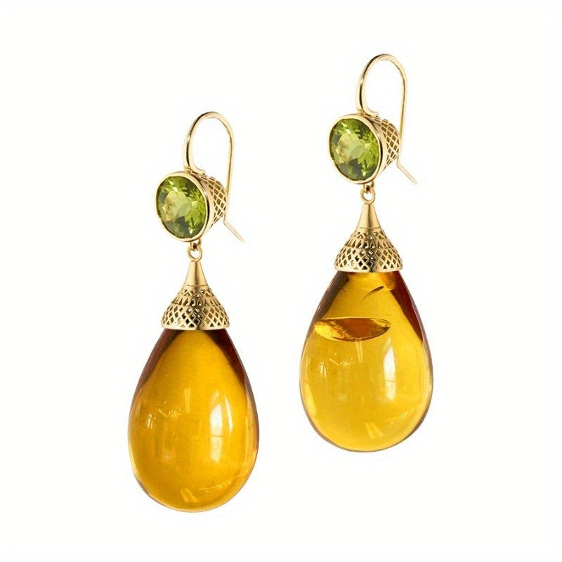 18k Vintage Green Zircon Amber Drop Earrings