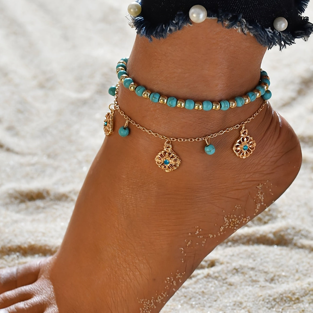 Boho Turquoise Bead Anklet Set