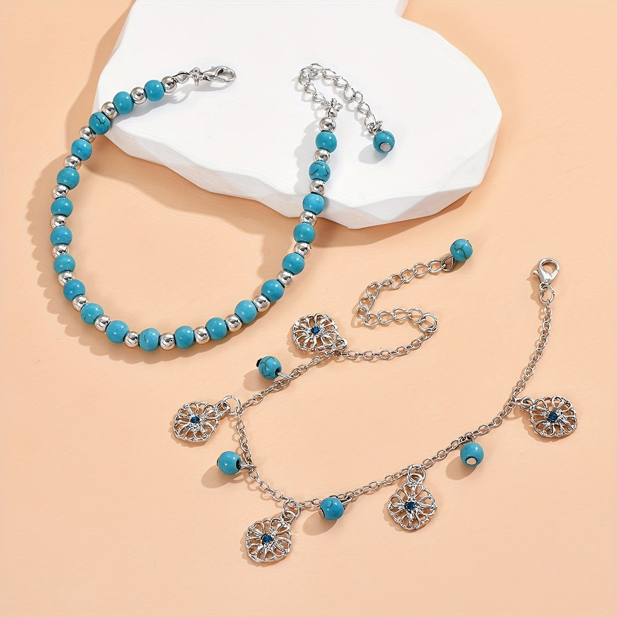 Boho Turquoise Bead Anklet Set