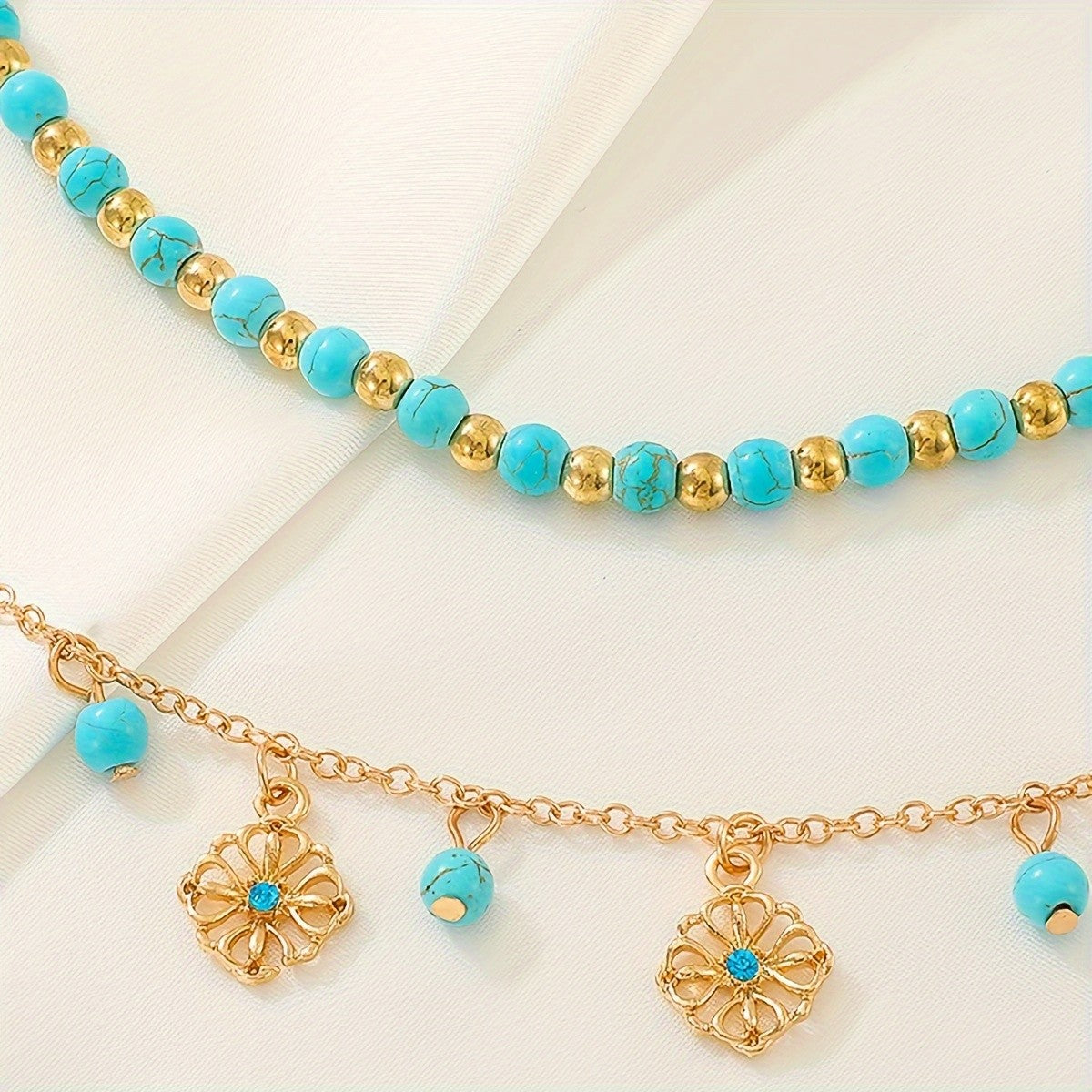 Boho Turquoise Bead Anklet Set