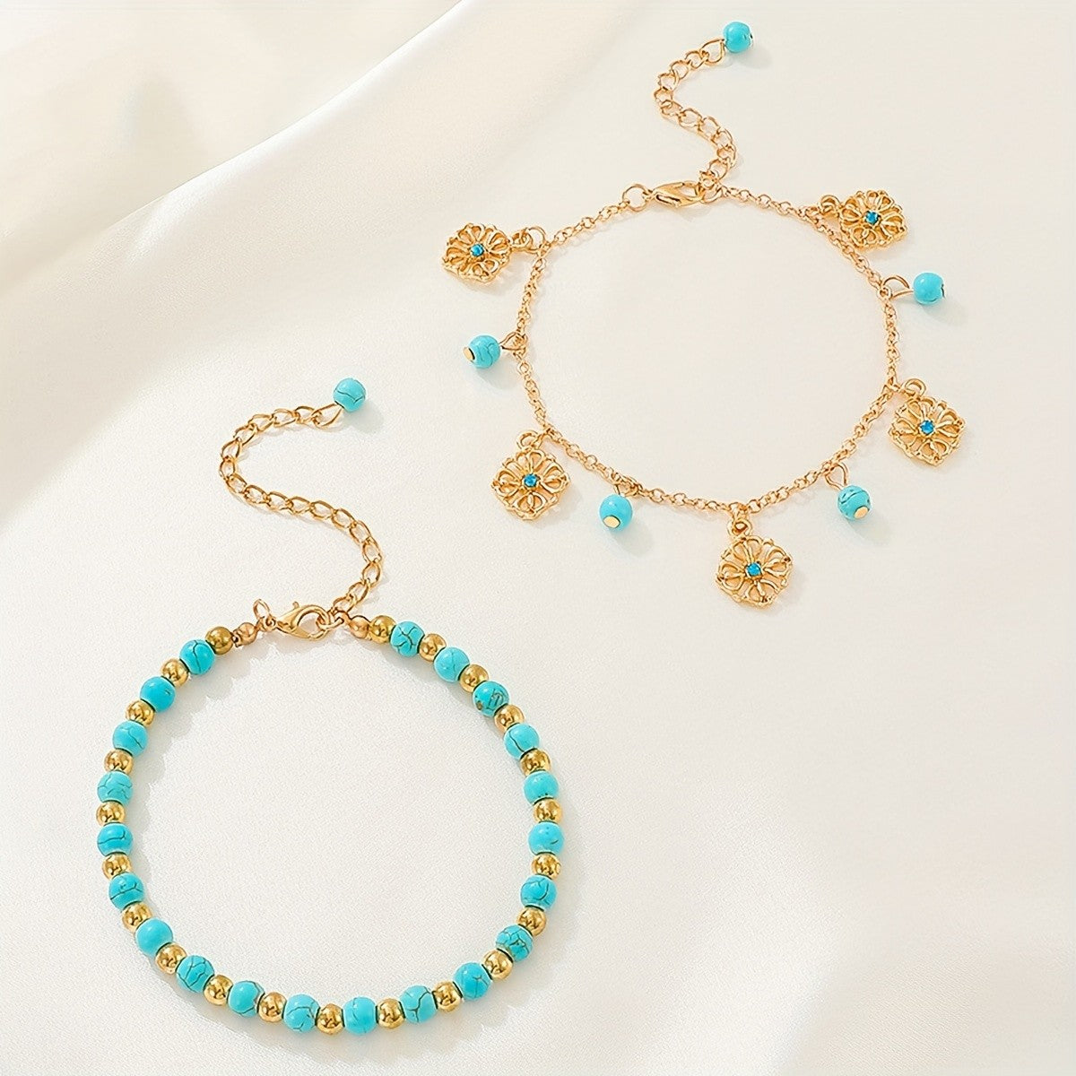 Boho Turquoise Bead Anklet Set
