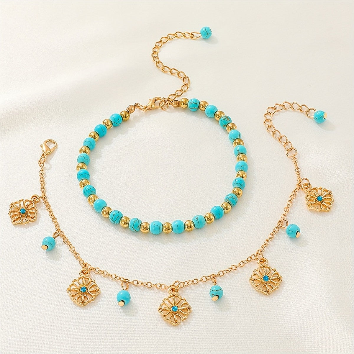 Boho Turquoise Bead Anklet Set