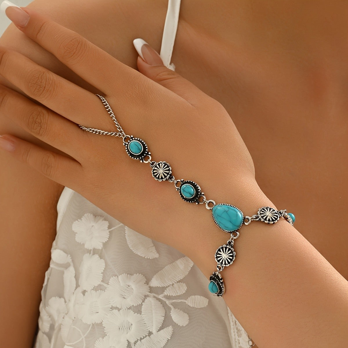 Boho Turquoise Oval Finger Bracelet